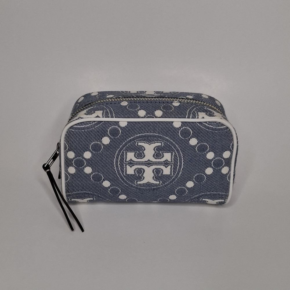 Tory Burch mini T monogram denim cosmetic case